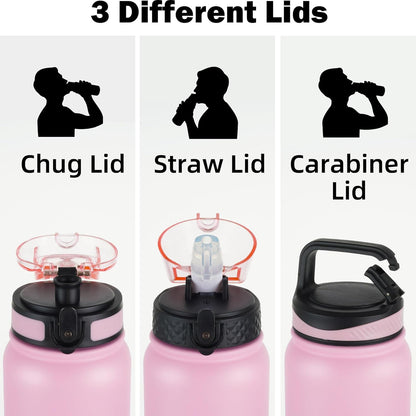 Oldley Insulated Water Bottle 20oz for Adults Kids Stainless Steel Water Bottles with Straw/Chug/Carabiner 3 Lids Fruit Strainer Double Wall Vacuum Wide Mouth BPA Free Leak-Proof for School Travel