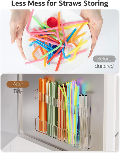 Upgraded 9.5'' Large Acrylic Straw Holder for Cabinet Door, Adjustable Space-Saving Straw Organizer Storage Dispenser for Cabinet with Ultra Sticky Adhesive Strips, 2-Part Rack, Drainage Holes