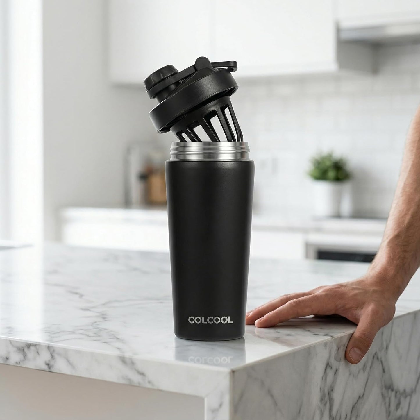24oz Insulated Stainless Steel Protein Shaker Bottle with Extra Powder Storage, BPA-Free & Leakproof Shaker Cup, Removable Silent Mixing Strainer