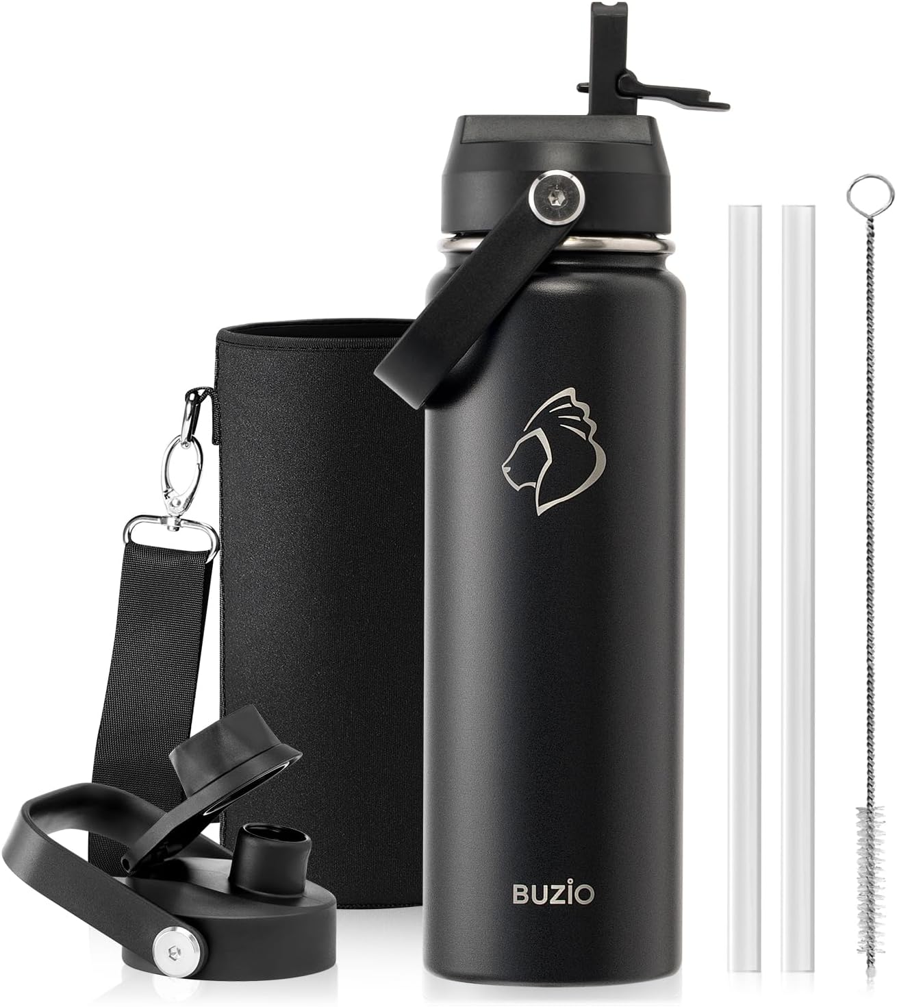 BUZIO 40oz Insulated Water Bottle, Triple Wall Vacuum Stainless Steel Water Flask with 2 lids, Lead-Free BPA-Free Straw Lid Sports Canteen Jug, Cold 48H & Hot 24H- Black - Colors A