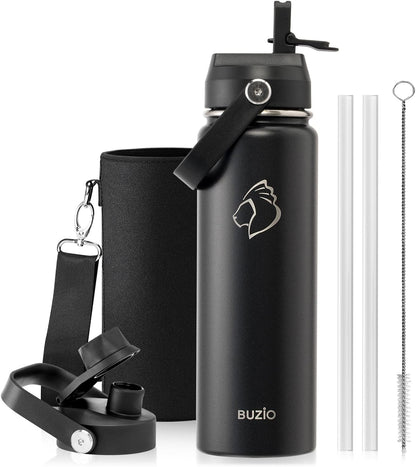 BUZIO 40oz Insulated Water Bottle, Triple Wall Vacuum Stainless Steel Water Flask with 2 lids, Lead-Free BPA-Free Straw Lid Sports Canteen Jug, Cold 48H & Hot 24H- Black - Colors A