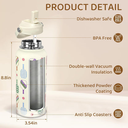 32oz Pickleball Insulated Water Bottle with Lid,Stainless Steel Water Bottl with Flip Straw and Handle,Gifts for Pickleball Players, Pickleball Lovers,Women Girls,Leak Proof Water Bottle