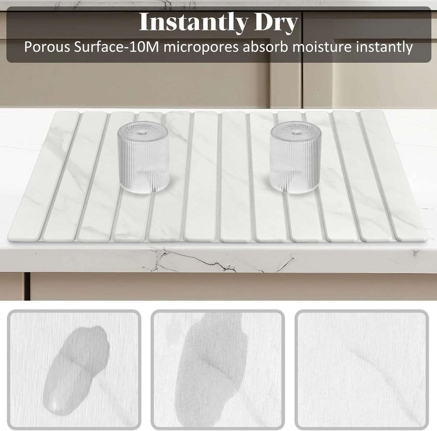 Extra Large Stone Dish Drying Mat for Kitchen Counter, Foldable Quick Dry Dish Drying Mats, Absorbent Diatomaceous Earth Stone Drying Mats for Plate Rack Bottles Cups (Gray Marble 28"×16" & 8"x4")