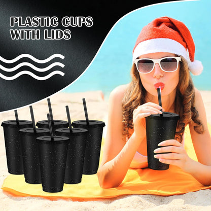 Uiifan 6 Pcs 24 oz Reusable Tumbler with Lids and Straws Plastic Iced Coffee Tumbler Glitter Travel Mug Cup for Smoothie Juices Birthday Party Cold Drink Coffee Cup Bulk for Adult Kid Women (Clear)