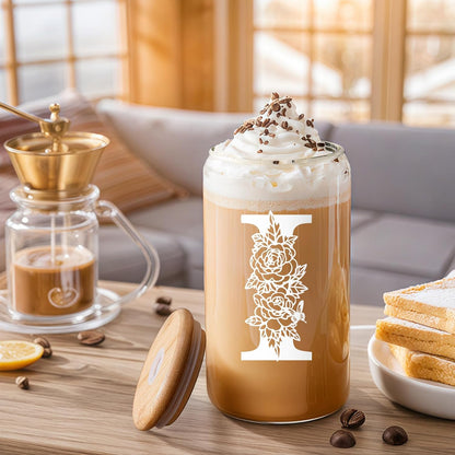 Glass Cups with Lids and Straws: Personalized Initial Glass Cup Be Used As Reusable Iced Coffee Cups with Lids,Cute Matcha Tumbler - The Christmas/Birthday Gifts for Women - M Smoothie Cup