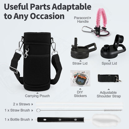 WixByti 40 oz Insulated Water Bottle with Straw (Cold for 36 Hrs), Stainless Steel Triple Wall Vacuum Sports Water Jug, Leakproof Hydro Cup Flask with Paracord Handle & Straw Spout Lids & DIY Stickers