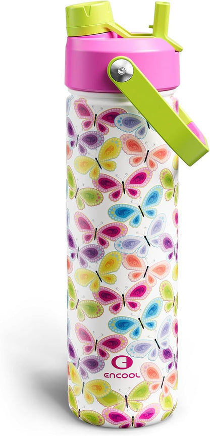 ENCOOL Insulated Water Bottle with Straw Stainless Steel Water Bottle, Leak-Proof, BPA-Free, Double Wall Vacuum Keeps Cold for 24 Hours for Sports, Travel, School (26 oz, Cotton Candy) - Colors D