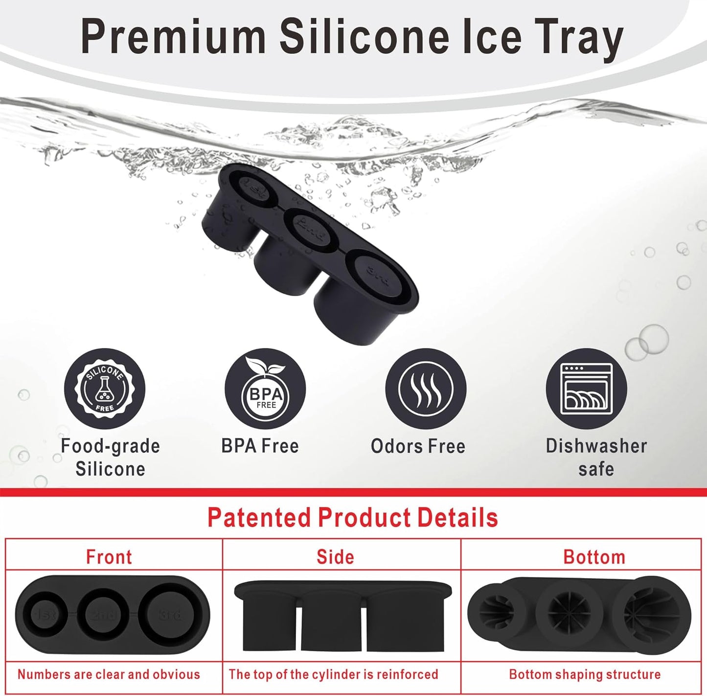 2pc Tumbler Ice Tray for Stanley/Yeti/Simple Modern etc. 30-40oz Tumblers, Silicone Ice Cube Tray for Tumblers with Bin and Lid, Black