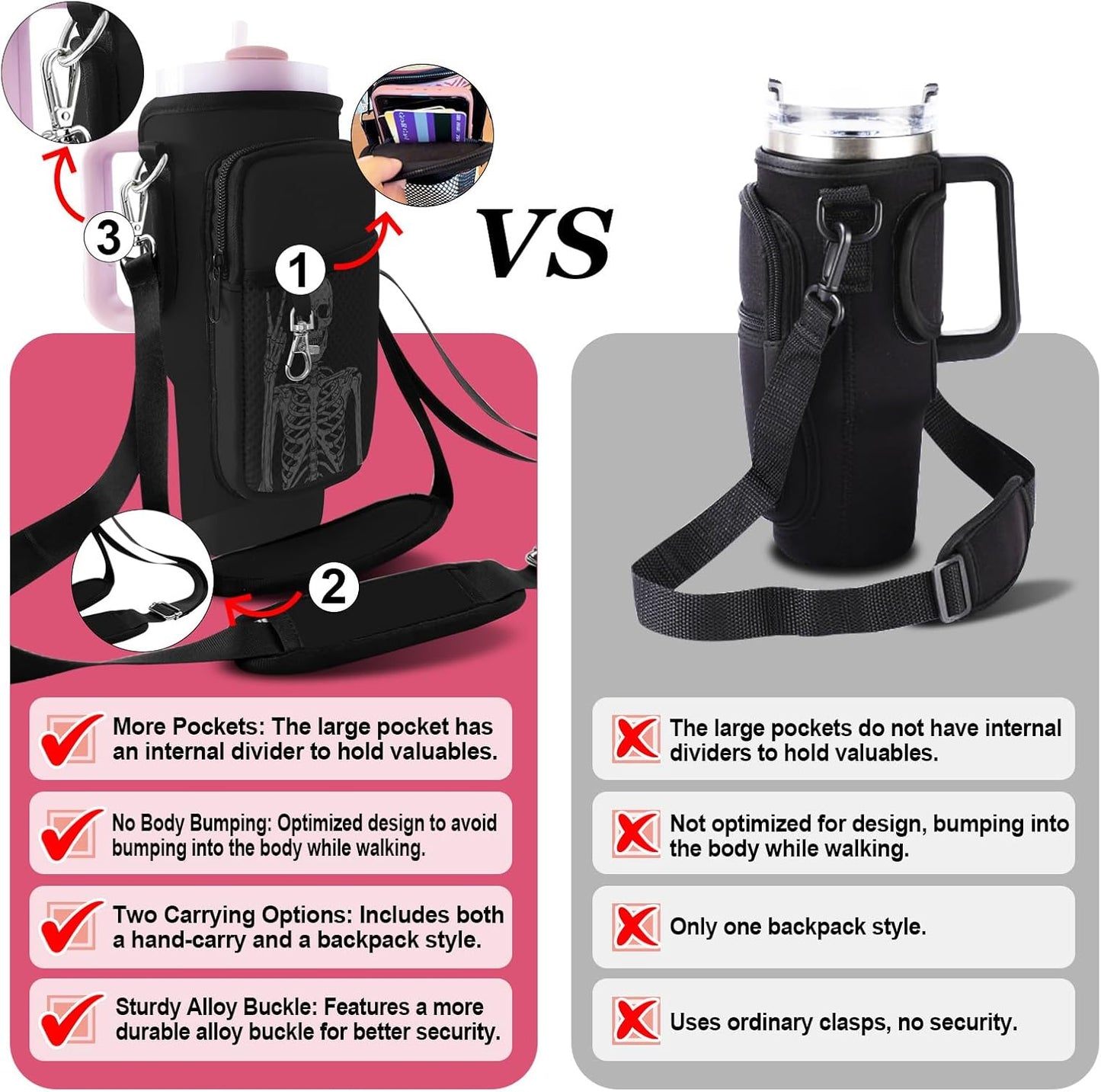 Stanley Carrier Bag for Stanley 40oz/30ozTumbler with Phone with 2 Adjustable Strap,3 Pockets Bottle Stanley Cup Carrier Bag & Case,Accessories for Hiking Travelling