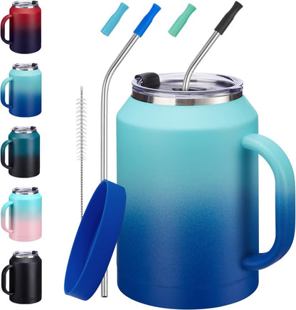 50 oz Insulated Tumbler with Handle and Straw - Stainless Steel Double Wall Coffee Mug, 2-in-1 Lid Metal Water Bottle, 36H Cold 24H Hot Travel Hydro Cup Jug with Silicone Boot