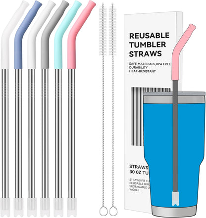 40 oz Straight Metal Straws for 40 oz Stanley Tumbler, 6 Pcs Stainless Steel Reusable Drinking Metal Straw with Colourful Silicone Tips,Straw for Glass Cups, BPA FREE