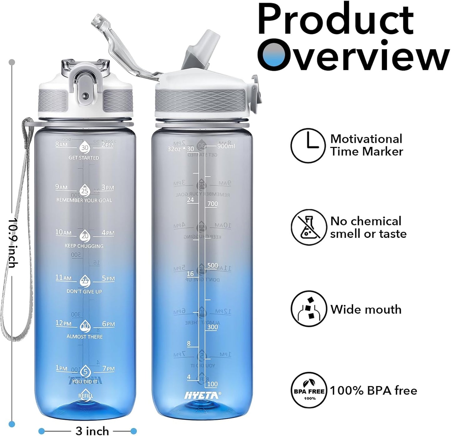 Hyeta 32oz Water Bottles with Straw - Stay Motivated and Hydrated with Convenient Times to Drink Markings, Durable, Leak-proof