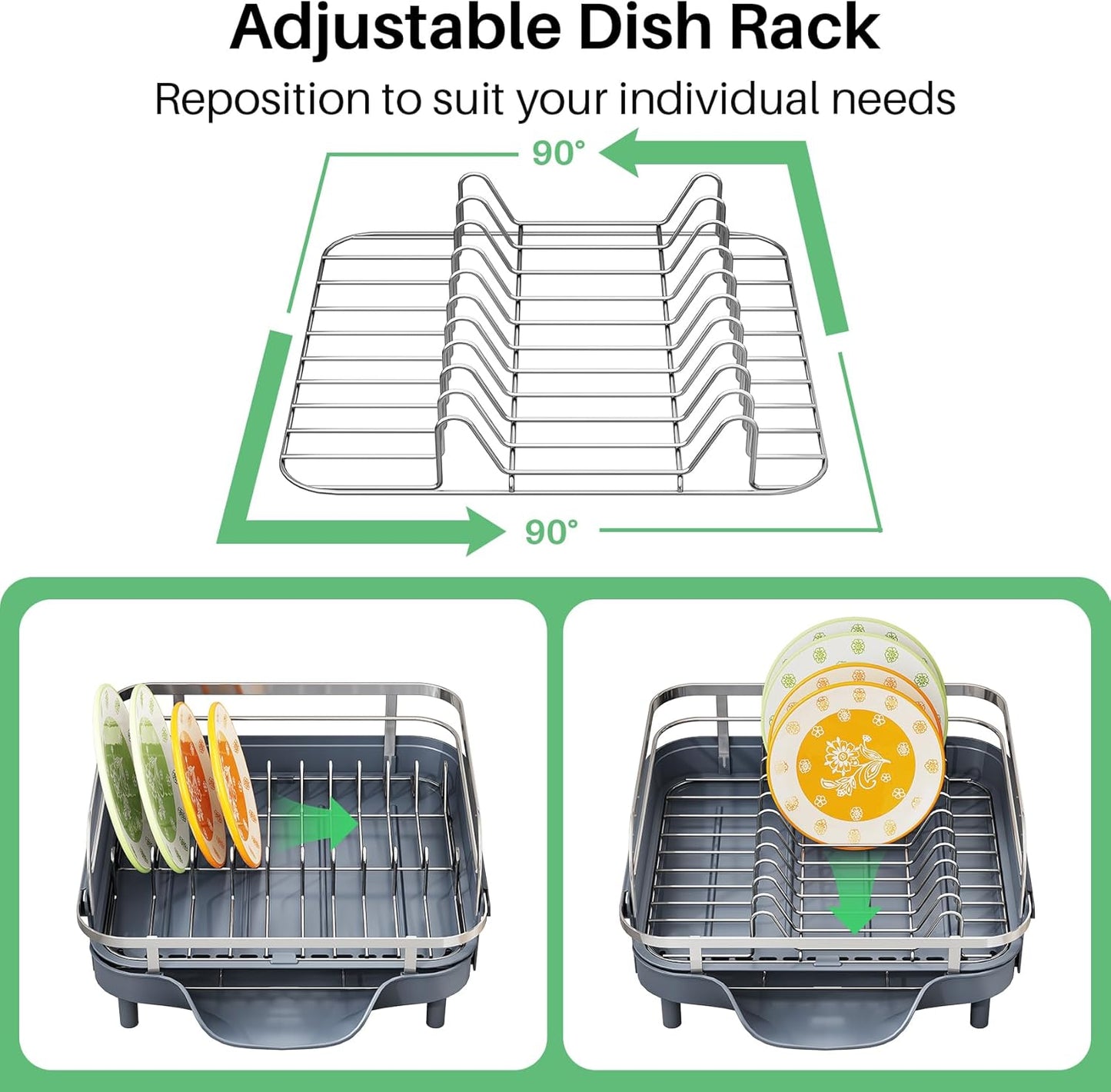 SAYZH Dish Drying Rack - Expandable Dish Rack for Kitchen Counter, Rust-Resistant Dish Drainer with Utensil Holder and Raised Guardrail, Kitchen Organizer for Cup and Bottle (Black)