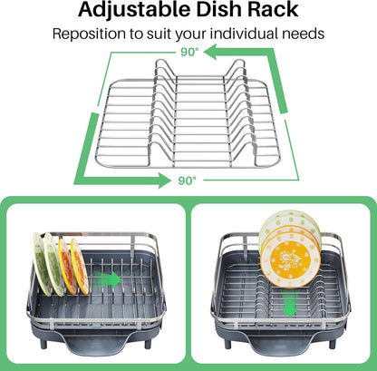 SAYZH Dish Drying Rack - Expandable Dish Rack for Kitchen Counter, Rust-Resistant Dish Drainer with Utensil Holder and Raised Guardrail, Kitchen Organizer for Cup and Bottle (Black)