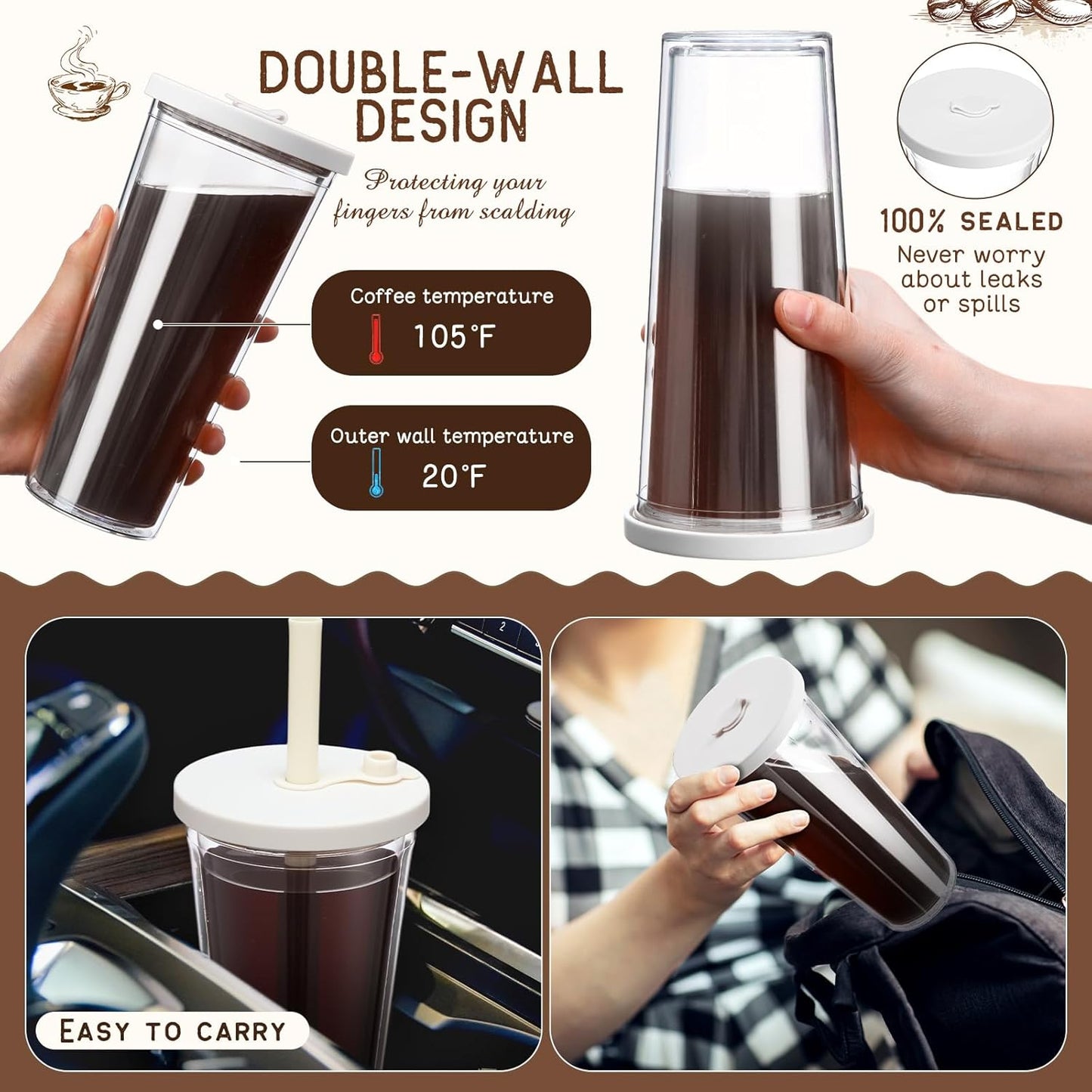 Honeydak 4 Pack 24 oz Reusable Iced Coffee Cups with Lids and Straws Leakproof Double Wall Insulated Clear Plastic Iced Coffee Tumblers with Straw Brushes