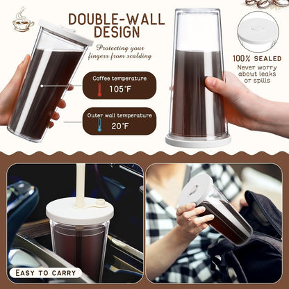 Honeydak 4 Pack 24 oz Reusable Iced Coffee Cups with Lids and Straws Leakproof Double Wall Insulated Clear Plastic Iced Coffee Tumblers with Straw Brushes