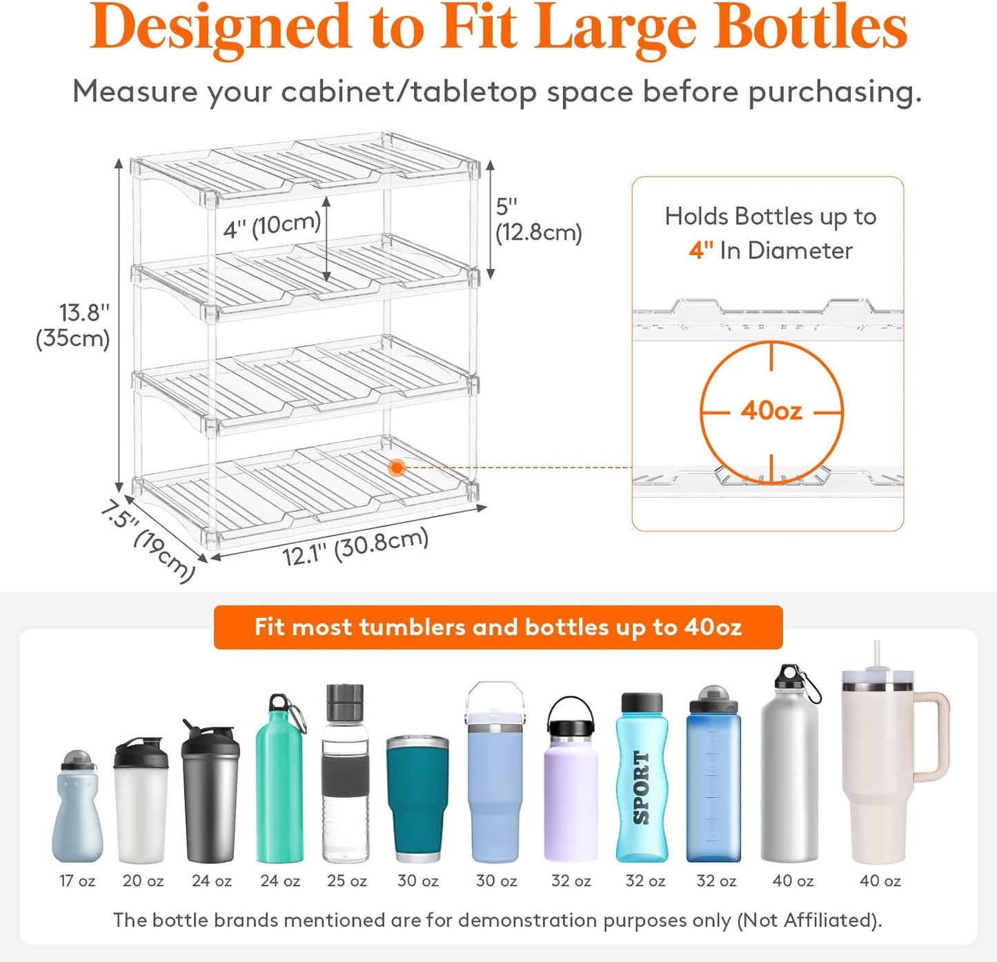 Lifewit Stackable Bottle Storage Organizer, Clear Freestanding Wine Holder for Cabinet, Large Slot Water Bottle Tumbler Cup Organizer for Pantry, Plastic Wine Rack for Fridge Cellar, 3Tier Hold 9