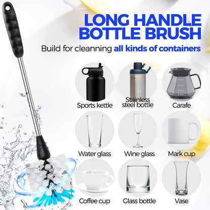 Holikme Bottle Brush Cleaner Set, 14" Long Handle Stainless Steel Bottle Cleaner Brush, 3 Straw Cleaner Brush, Bottle Cleaning Brush for Water Bottle, Cups, Abrasive Wheel Brushes, Straws Black