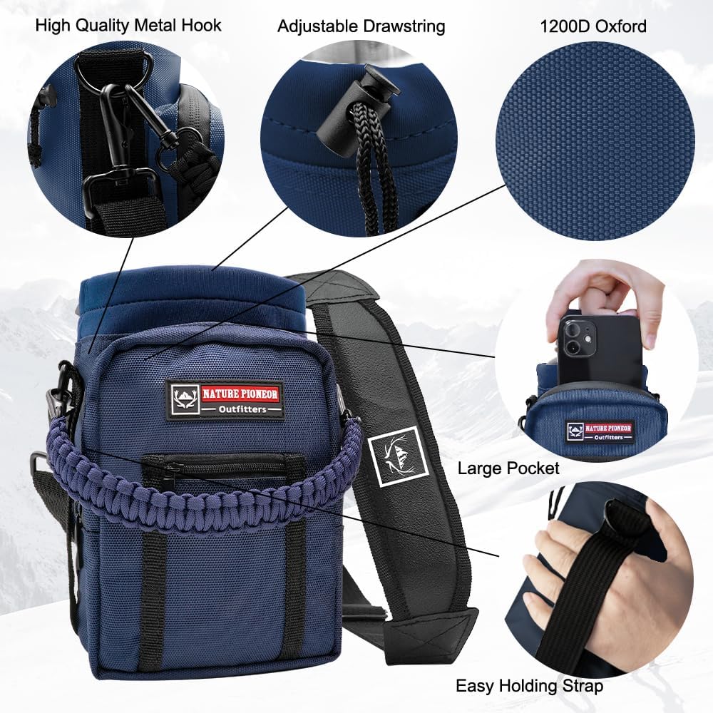 NATURE PIONEOR Water Bottle Holder with Adjustable Strap - 26/32/36/40/46/64oz Insulated Water Bottle Sling Carrier with Paracord Handle & 2 Pockets, Outdoor Sports, Hiking, Camping, Gym