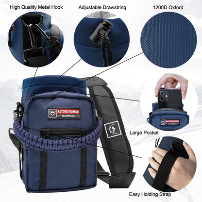 NATURE PIONEOR Water Bottle Holder with Adjustable Strap - 26/32/36/40/46/64oz Insulated Water Bottle Sling Carrier with Paracord Handle & 2 Pockets, Outdoor Sports, Hiking, Camping, Gym