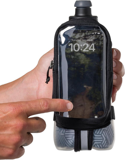 Nathan SpeedDraw 2 Insulated Handheld Running Water Bottle Flask 18oz – Double-Wall Insulation, Ergonomic Grip, Blast Valve Cap, Phone & Key Storage Pockets, Reflective Design