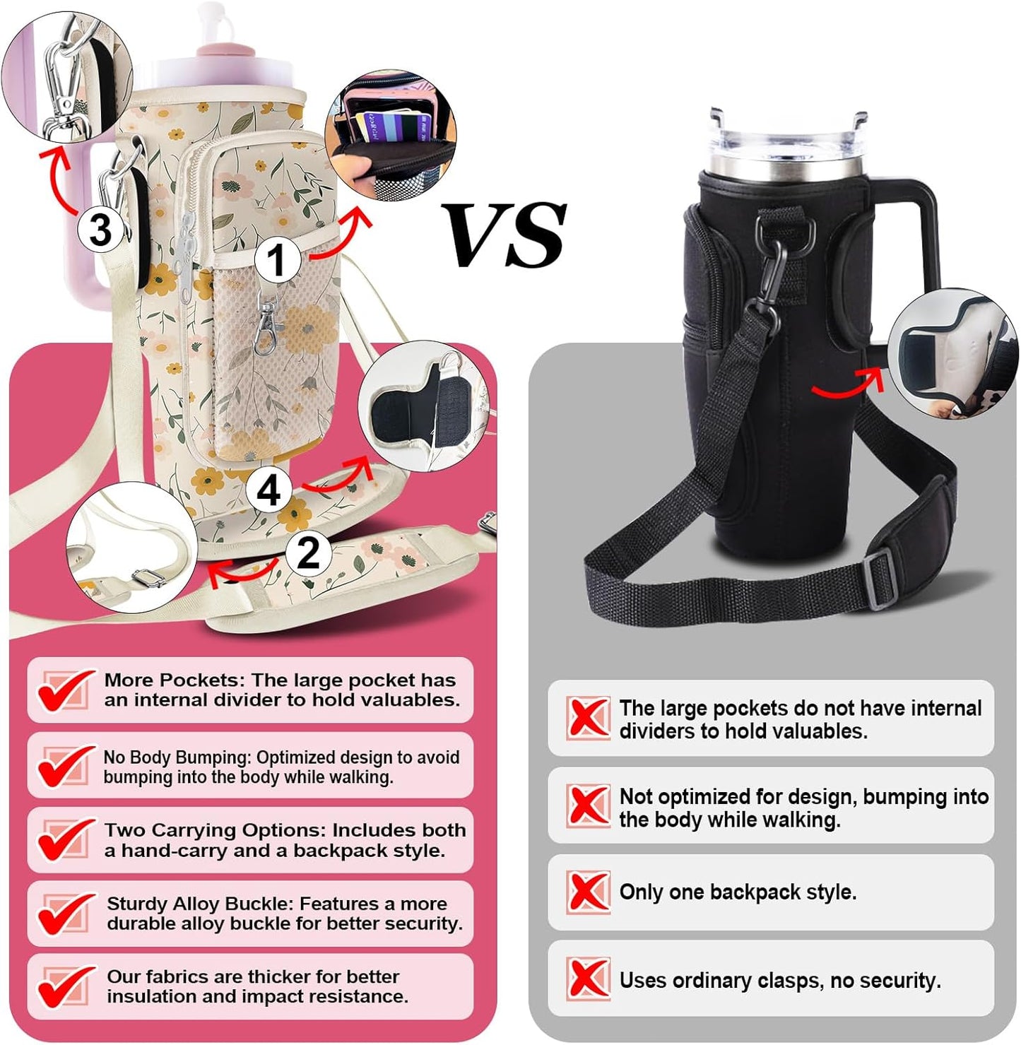 Stanley Carrier Bag for Stanley 40oz/30ozTumbler with Phone with 2 Adjustable Strap,3 Pockets Bottle Stanley Cup Carrier Bag & Case,Accessories for Hiking Travelling