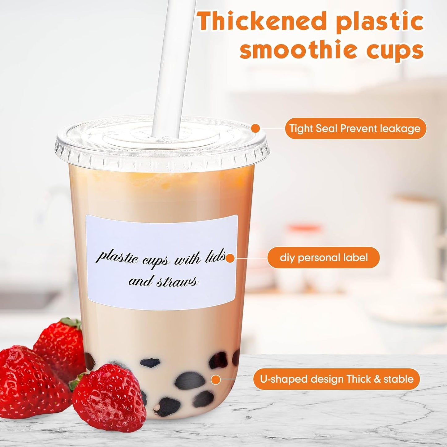 Ziliny 50 Sets Crystal Clear Plastic Cups with Lids, Straws and Stickers, Disposable Iced Coffee Cups Thickened PET for Iced Coffee, Bubble BobaTea, Smoothie, Cold Drinks, Juice, Shops (12 oz)