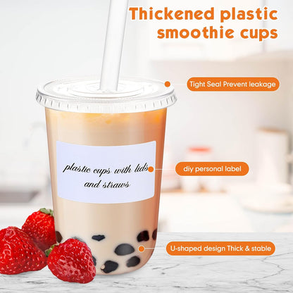 Ziliny 50 Sets Crystal Clear Plastic Cups with Lids, Straws and Stickers, Disposable Iced Coffee Cups Thickened PET for Iced Coffee, Bubble BobaTea, Smoothie, Cold Drinks, Juice, Shops (12 oz)