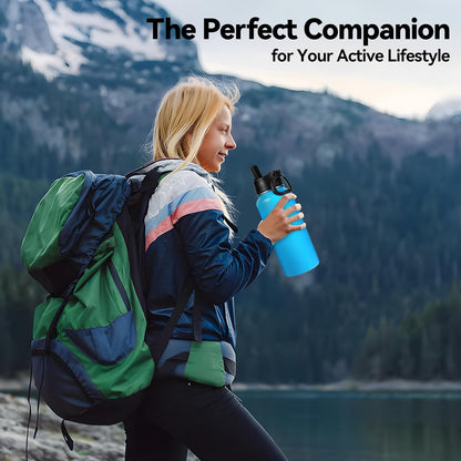 Neihepal 32 oz Insulated Water Bottle with 2 Lids (Straw & Spout Lid), 18/8 Stainless Steel Double Wall Water Bottles for Gym, Travel, Camping, Sports (Silver,1 Pack)