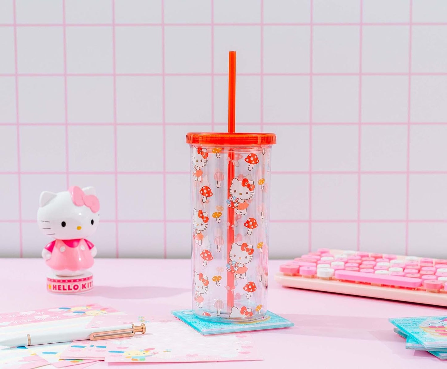 Silver Buffalo Sanrio Hello Kitty Milk Carton Pattern Plastic Boba Tumbler w Lid and Wide Straw, 24 Ounces
