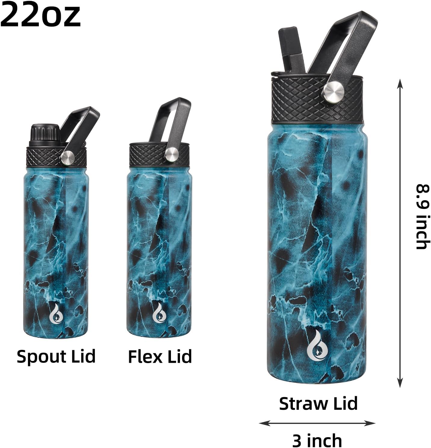 BJPKPK Insulated Water Bottles with Straw Lid, 40oz Stainless Steel Water Bottles with 3 Lids, BPA Free Leakproof Thermo, Tumblers, Cups for Sports, Gym- Midnight - Colors B