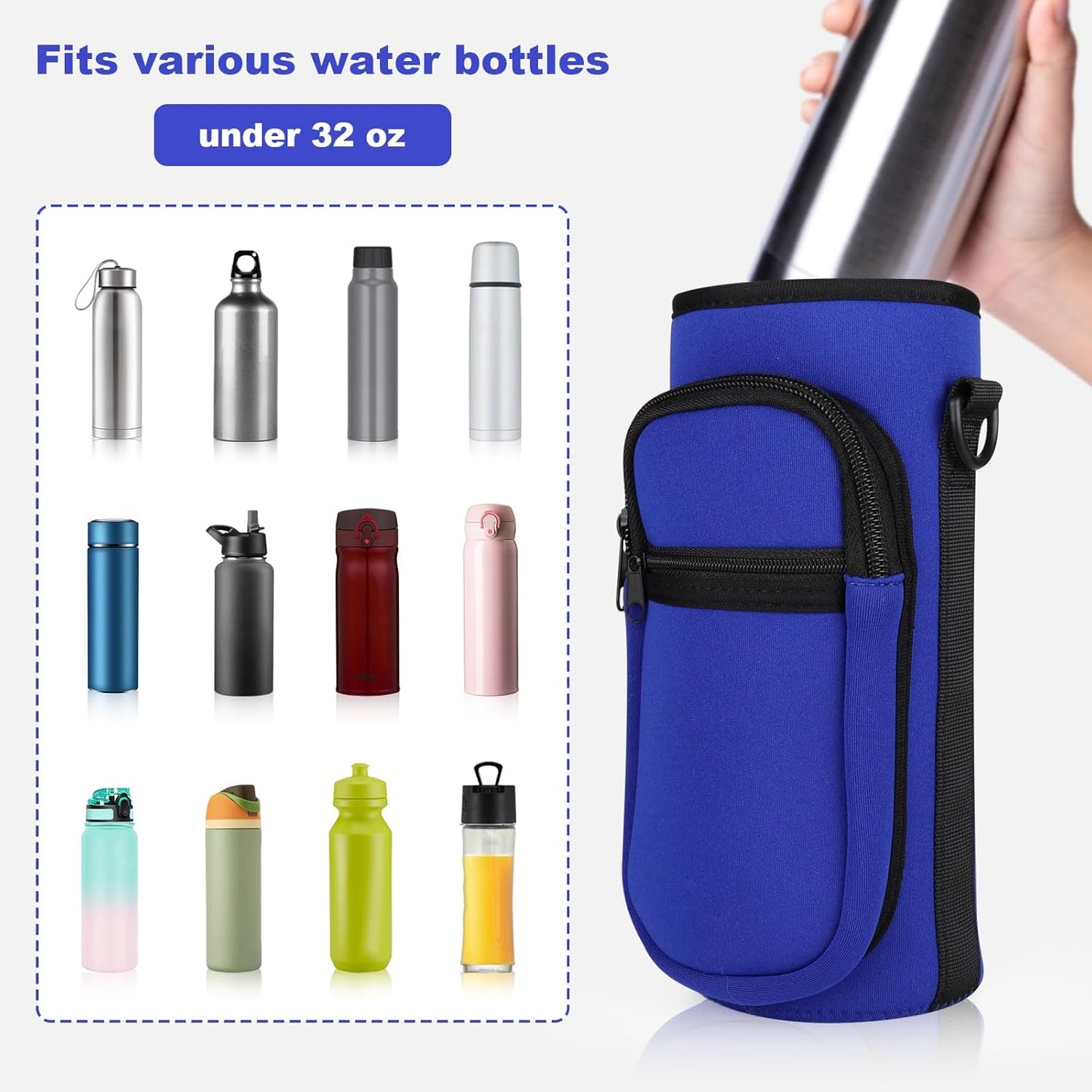 Water Bottle Holder with Strap, Water Bottle Carrier Bag with Phone Pocket, Shoulder Hand Strap Insulated Neoprene 32/40 oz Water Bottle Sleeve for Walking Hiking Camping Gym