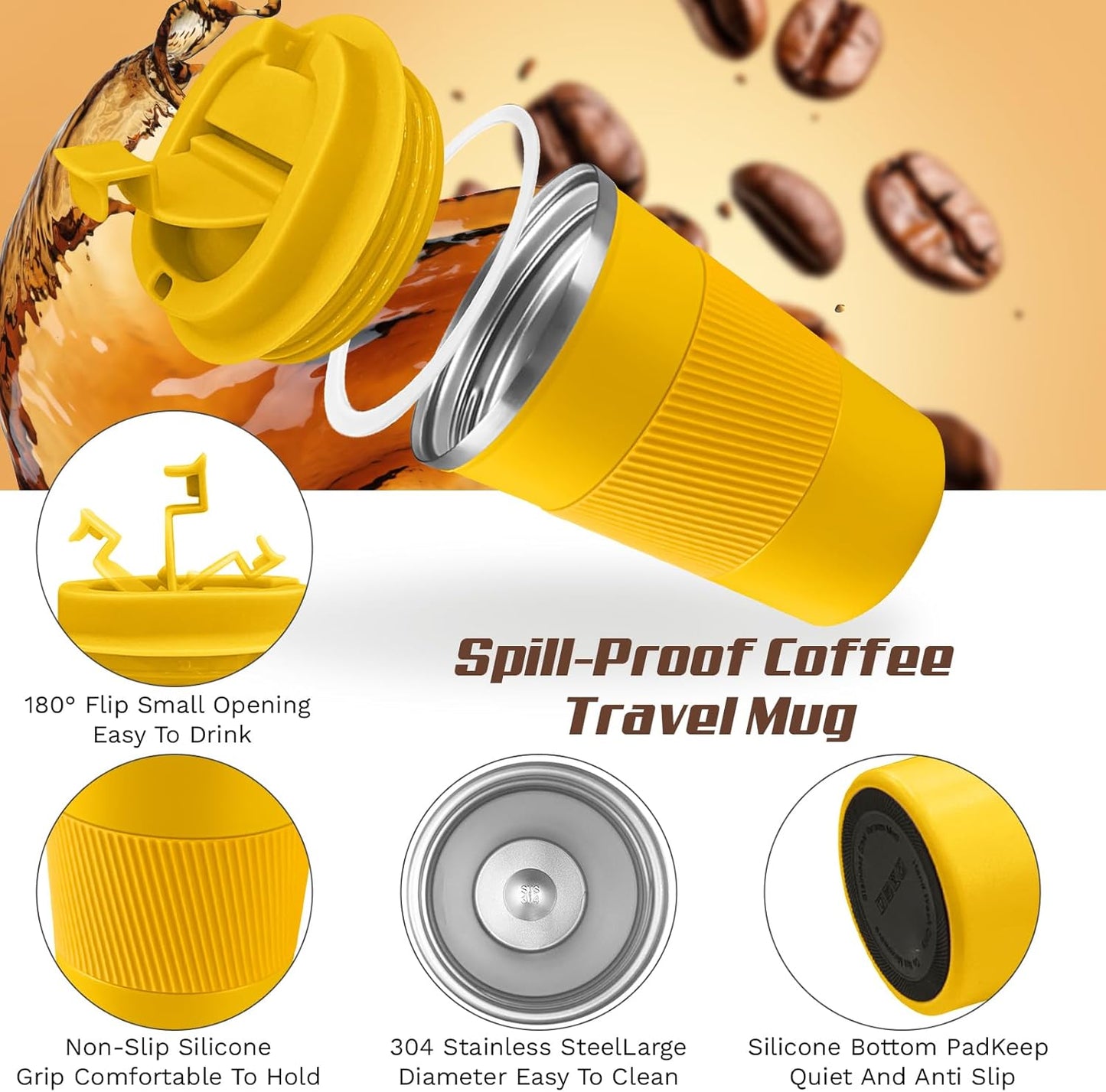 SPLMIFA Vacuum-Insulated Stainless Steel Travel Coffee Mug, Leak-Proof Reusable Coffee Cup with Lid - Keep Hot & Cold Drinks for Hours, Durable Insulated Tumbler for Men & Women(3rd-Black, 12OZ)