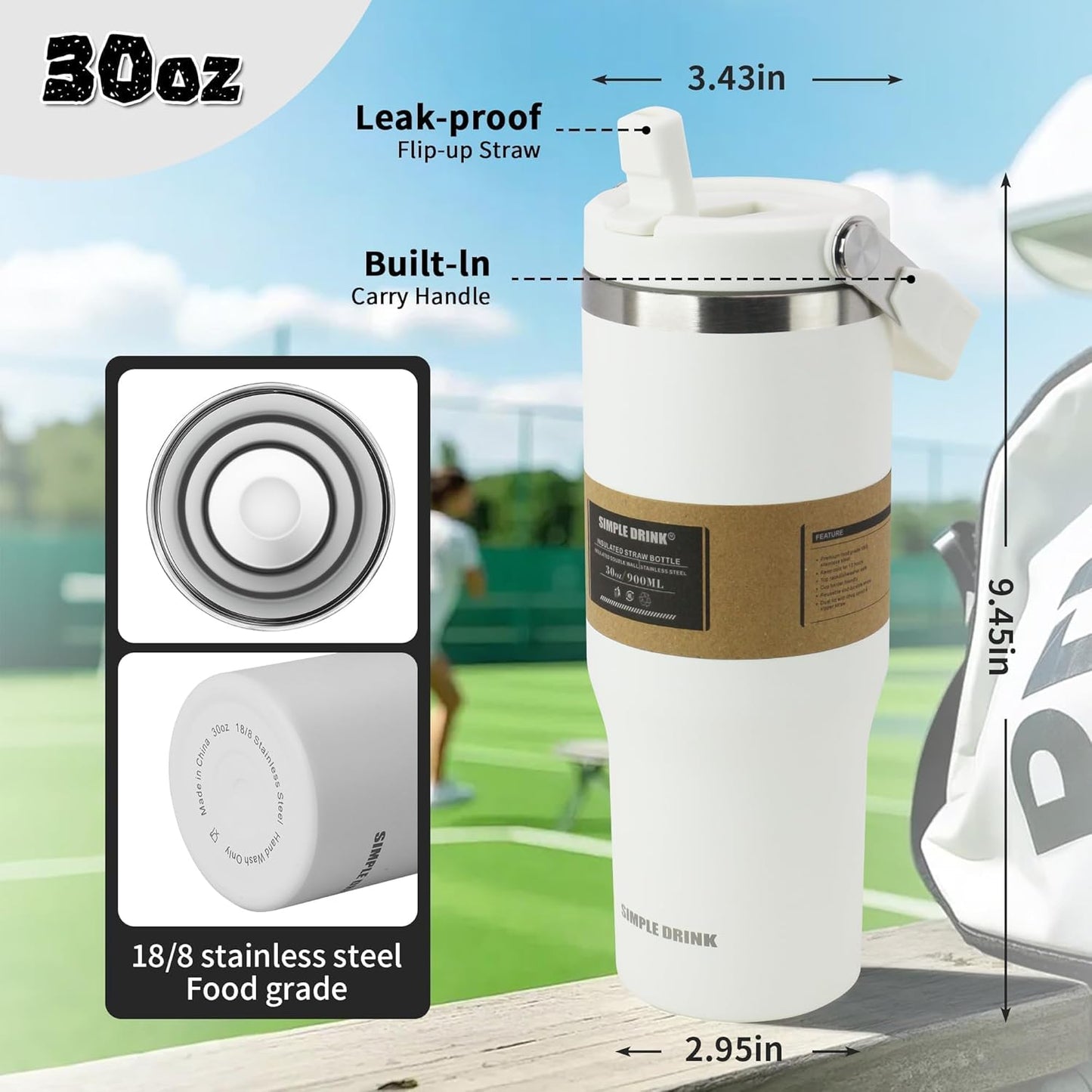 30oz Flip Straw Insulated Water Bottle with Handle, Leak Proof Stainless Steel Travel Tumbler With Lid, Double Wall Vacuum Iced Coffee Travel Mug, Sport Cup, Outside use