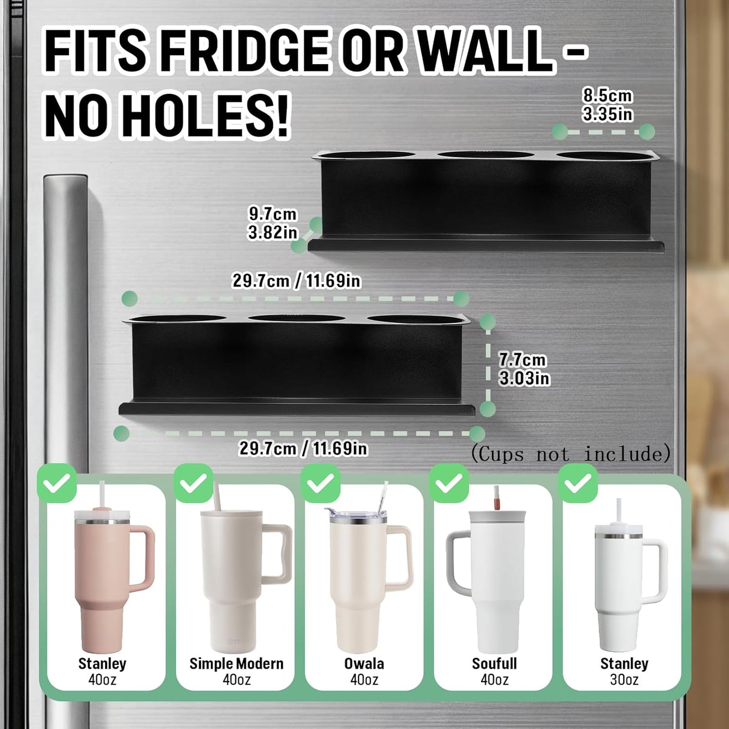 POLRAI 2 Pack Magnetic Stanley Cup Holder for Fridge, Water Bottle Organizer for Tumbler with Double Sided Tape Hold Stanley Cup Accessories for Kitchen Cabinet Wall