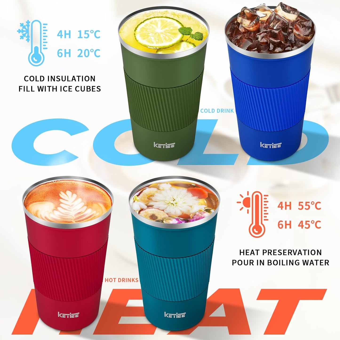KETIEE Travel Coffee Mug Spill Proof 12oz, Insulated Travel Mug to Go, Reusable Coffee Cup with Seal Lid, Vacuum Stainless Steel Tumbler for Hot/Cold Drinks (Red)
