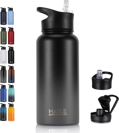 HASLE OUTFITTERS 32 oz Insulated Water Bottle Stainless Steel Double Walled Vacuum Sports Water Bottle with 2 Lids (Straw and Spout Lid) for Gym Camping Hiking(Black,1)