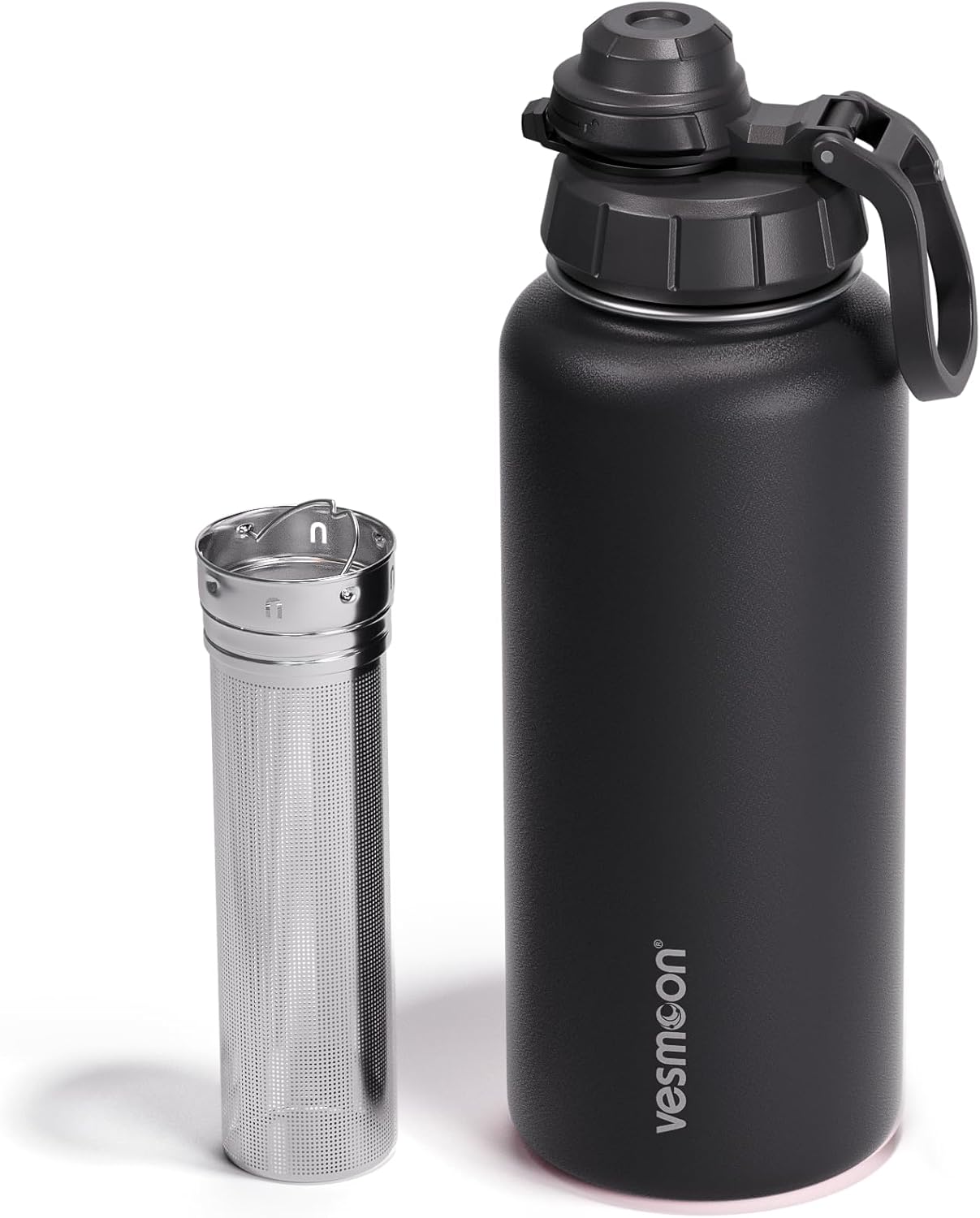 Vesmoon Vessence 24 Oz Stainless Steel Tea Infuser Bottle for Loose Leaf Tea, Water, Herbs, Fruits - Triple Layered Insulated, Leak Proof Bottle with Lid and Clip Handle - 24 Hours Hot/Cold