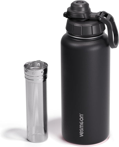 Vesmoon Vessence 24 Oz Stainless Steel Tea Infuser Bottle for Loose Leaf Tea, Water, Herbs, Fruits - Triple Layered Insulated, Leak Proof Bottle with Lid and Clip Handle - 24 Hours Hot/Cold