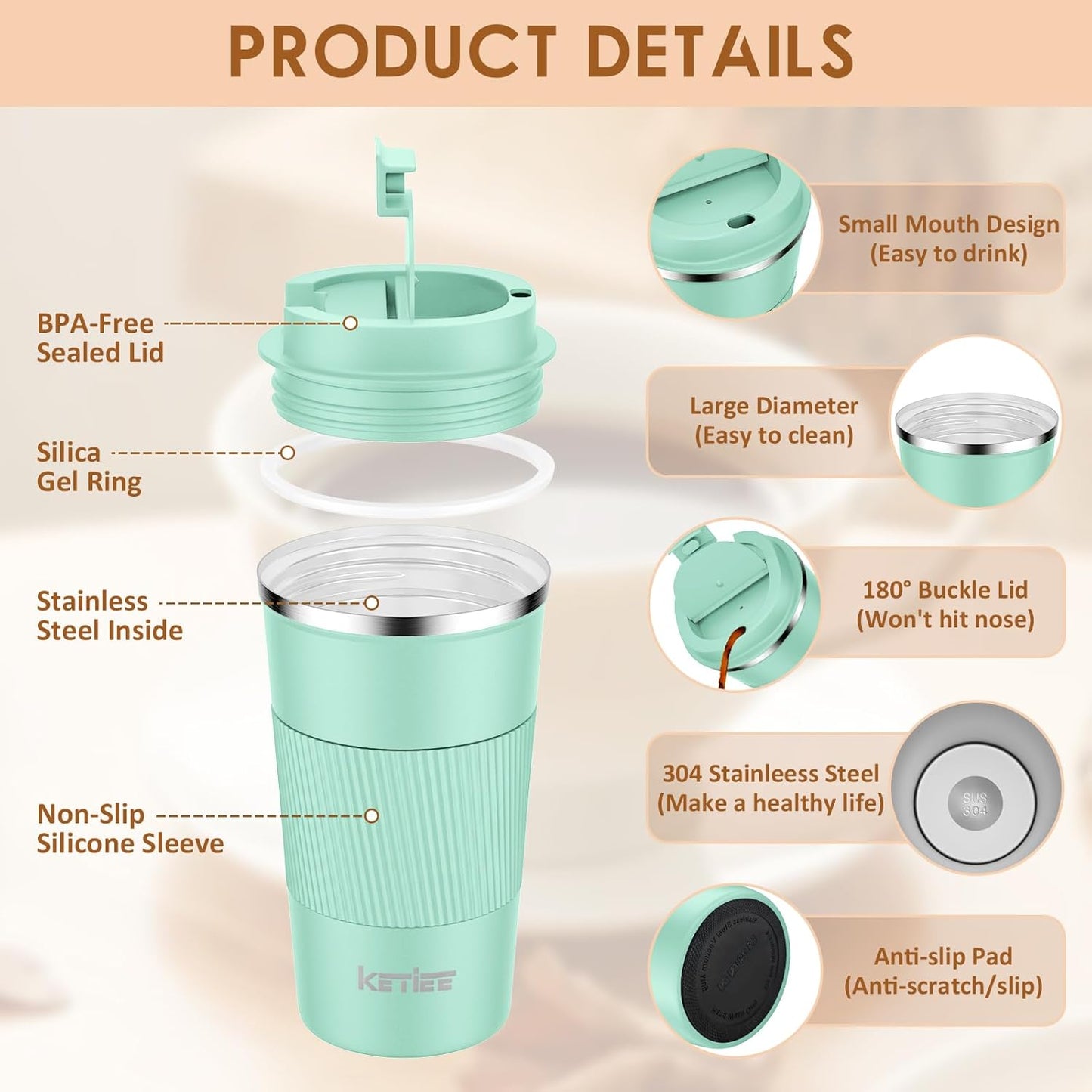 KETIEE Travel Coffee Mug Spill Proof 12oz, Insulated Travel Mug to Go, Reusable Coffee Cup with Seal Lid, Vacuum Stainless Steel Tumbler for Hot/Cold Drinks (Red)