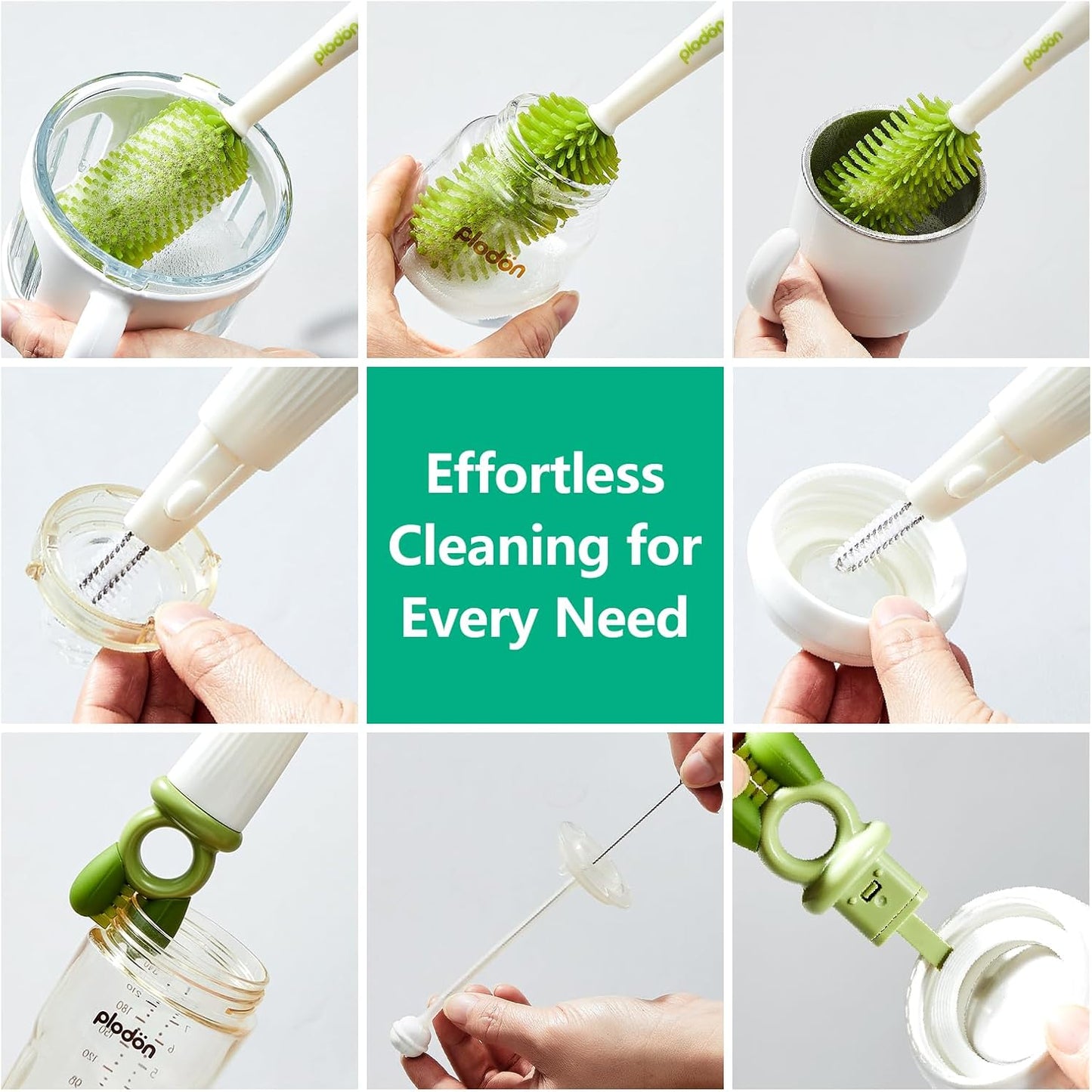 Detachable 5-in-1 Bottle Cleaning Brush Set - Silicone Baby Bottle Brush Cleaner Kit with Nipple Brush, Detail Brush & Straw Brush, Portable Long Handle Bottles Scrubber Cleaning Tool