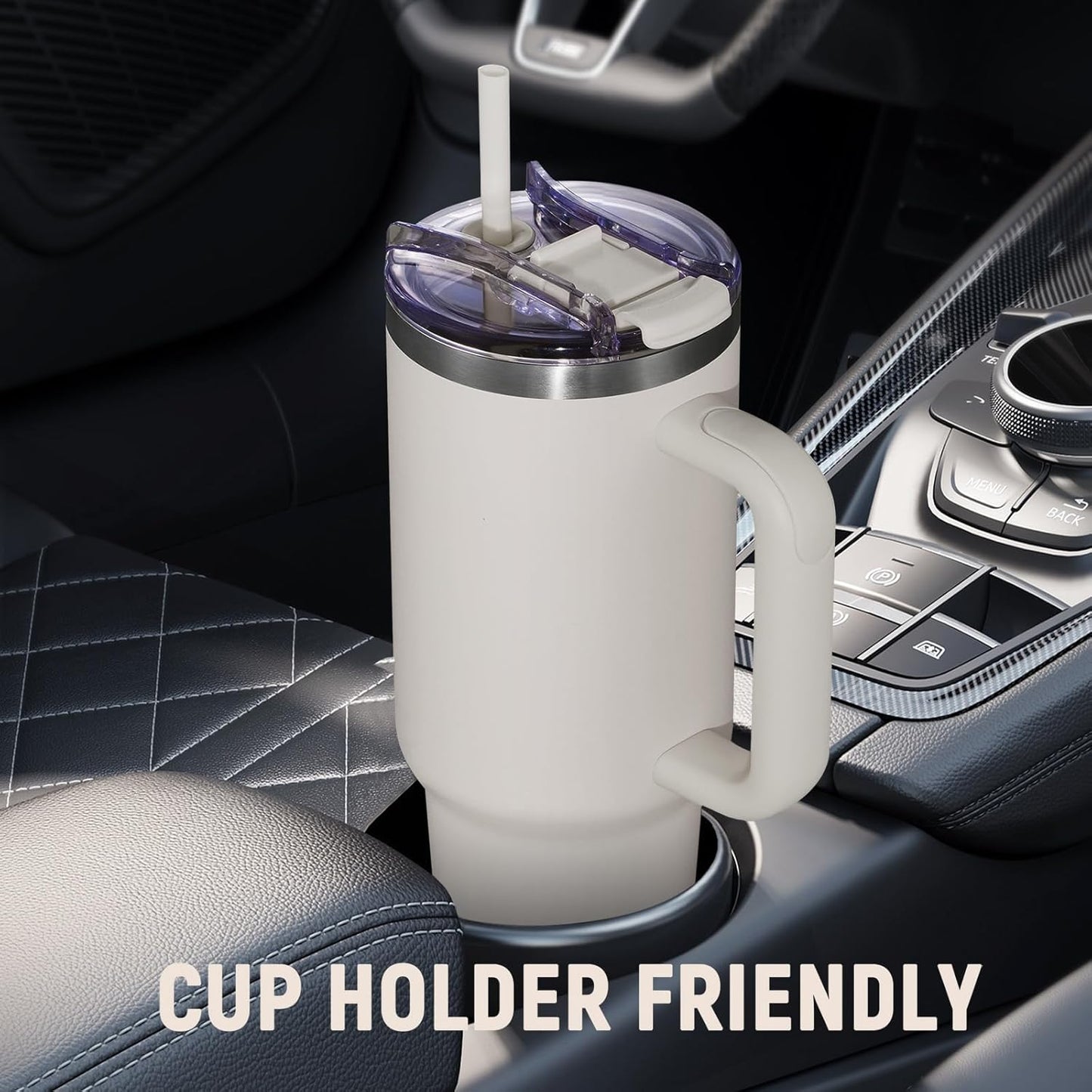 40 oz Tumbler with Handle and Straw Lid,Insulated Reusable Stainless Steel Water Bottle Travel Mug，Cupholder Friendly Double Wall Vacuum Sealed Cup (Black)