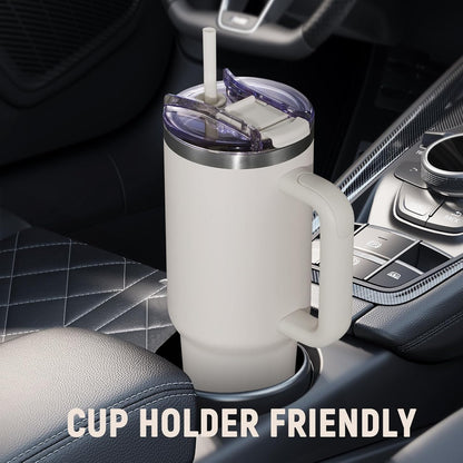 40 oz Tumbler with Handle and Straw Lid,Insulated Reusable Stainless Steel Water Bottle Travel Mug，Cupholder Friendly Double Wall Vacuum Sealed Cup (Black)