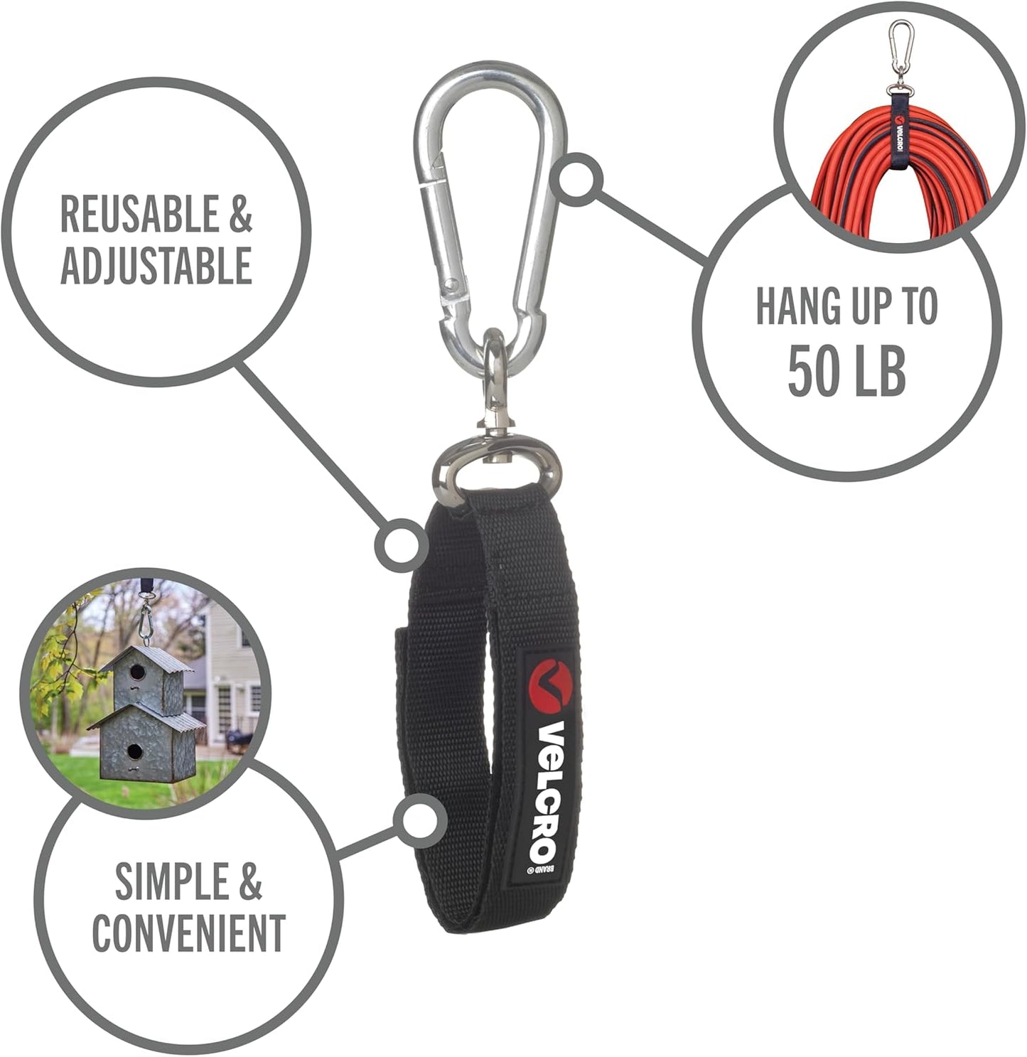 VELCRO Brand VEL-30196-USA Easy Hang Strap with Carabiner Clip Attach Water Bottles and Accessories to Bikes, Bags and more. Organization for Garden, Shed, RV. Extra Small-1Pk, Black