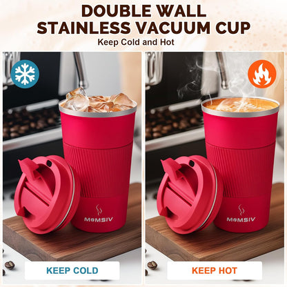 MOMSIV 12oz Travel Mug, Insulated Coffee Cup with Leakproof Lid, Travel Coffee Mug Vacuum Stainless Steel Double Walled Reusable Coffee Cup for Hot and Cold Water Coffee