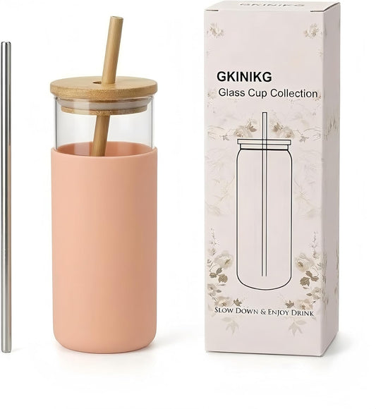 16oz Glass Tumbler with Lid and Straw, Thick Borosilicate Glass Iced Coffee Cup with Protective Silicone Sleeve, Car Cup Holder Friendly Reusable Smoothie Cup for Matcha Tea and Boba, Gift Box Ready