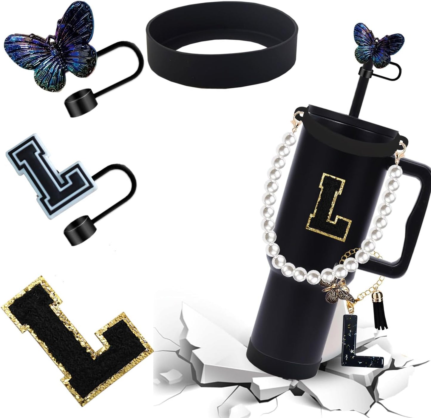 7pcs Cup Accessories for Stanley 30/40oz Tumbler, Handle Strap, Straw Cover, Silicone Boot, Letter Charm Stickers