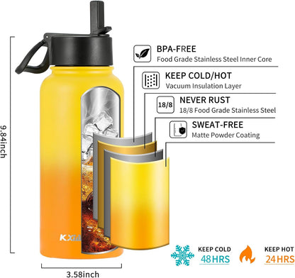 KXIAOCHEN Insulated Water Bottle With Strap, Cold For 48 Hrs Leak Proof, Triple Wall Stainless Steel Sports Water Bottle With Straw And Spout Lid For Gym Hiking Travel