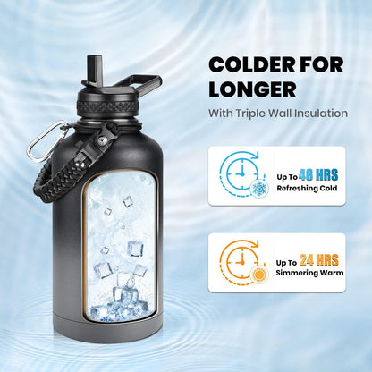 RAYMYLO One Gallon Water Bottle Insulated, Triple Walled Vacuum Stainless Steel (Cold for 48 Hrs), Leak Proof & Non-BPA, Large Water Flask Jug with Paracord Handle & Straw Spout Lids