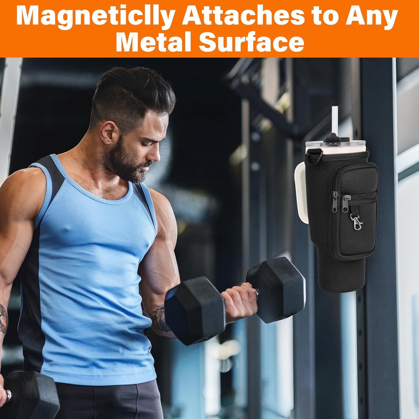 Magnetic Water Bottle Carrier Bag Compatible with Stanley/Meoky 40 oz Tumbler with Handle,Water Bottle Holder Pouch with Adjustable Shoulder Strap & Phone Pocket Fits for Stanley Cup Accessories